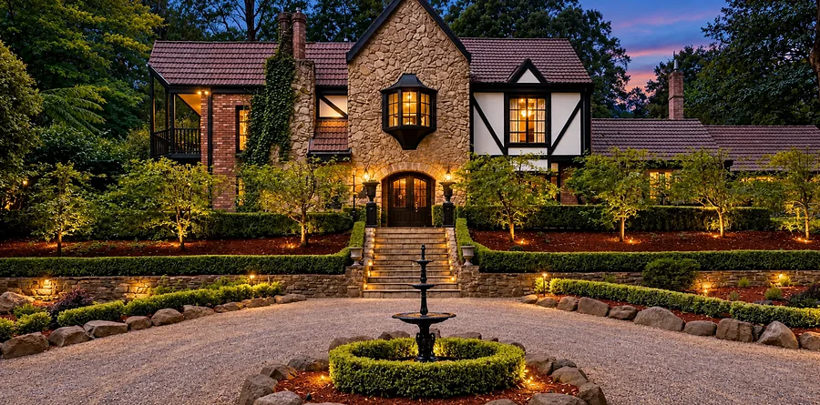 A stone and timber lodge lit at dusk, with terraced hedges and a fountain in the forecourt