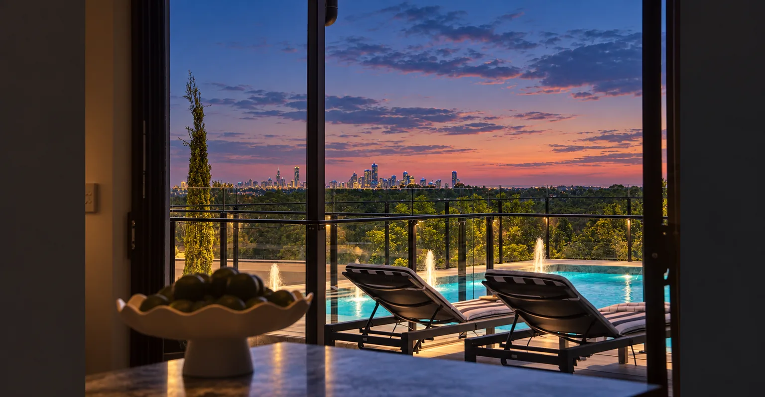 A pool terrace at dusk seen from inside, with loungers, fountains and a distant city skyline beyond the trees