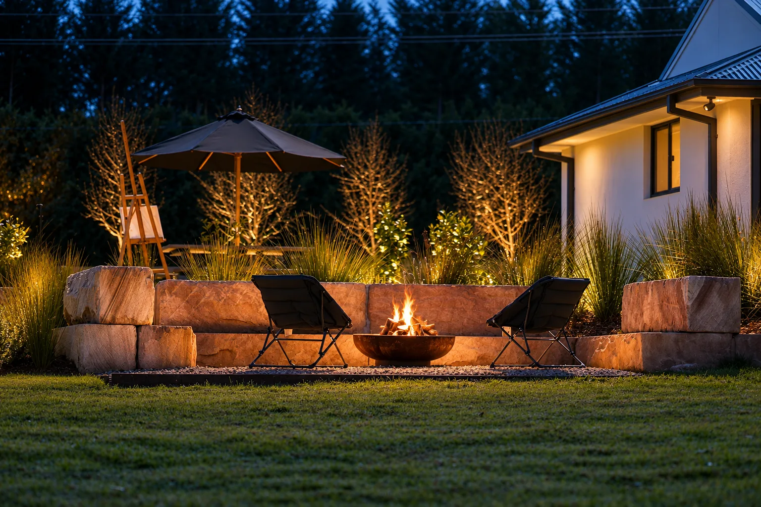 A sandstone-walled garden terrace at dusk, with a lit fire bowl, two low chairs and uplit native grasses beside a cottage